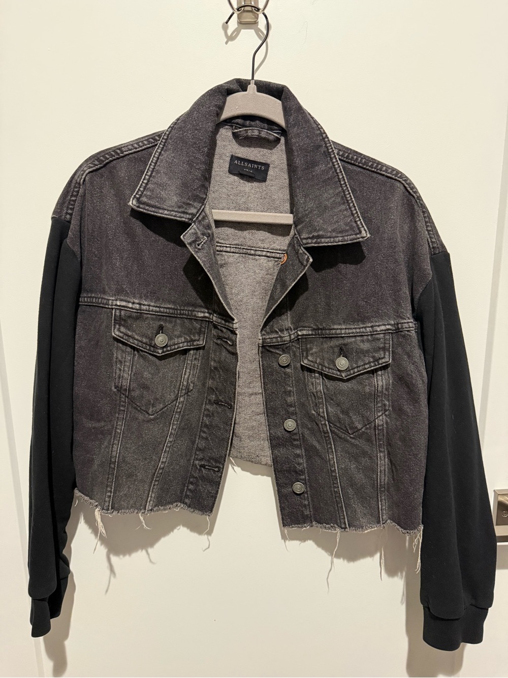 All Saints Black Cropped Denim Jacket with Knit Sleeves - XS